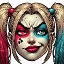 Harley Quinn with blonde pigtails and split-colored makeup gives a smug, mischievous smirk.