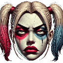 Harley Quinn with white skin, red and blue eye makeup, and blonde pigtails looking directly forward with a deadpan, unimpres…