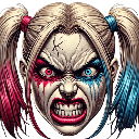 Harley Quinn with pigtails and split red and blue makeup screaming with a furious expression.