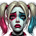 Harley Quinn with pigtails and smeared makeup crying with tears streaming down her face.