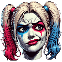 Harley Quinn with pigtails and clown makeup giving a skeptical side-eye expression.
