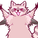 A pink raccoon with a happy expression throwing its arms up in the air.