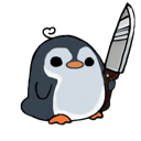 A round penguin holding a large kitchen knife with a neutral expression.