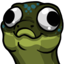 A green lizard with comically large, bulging eyes and a small, awkward smile.