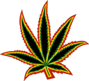 A stylized seven-pointed leaf with a black center, yellow inner border, and red outer glow.