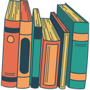 A stack of five colorful books standing upright in a flat illustration style.