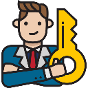 A businessman in a suit and tie holding a large golden key with a confident smile.