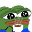 Pepe the Frog with wide, expressive eyes holding a steaming cup of tea.