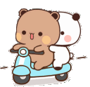 Two cartoon bears riding a light blue scooter together while moving forward.