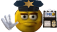 A yellow character wearing a police cap holds up one hand in a stop gesture with a serious expression.