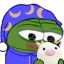 Pepe the frog wearing a blue moon-patterned nightcap and pajamas while holding a small white plushie.