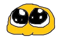 A yellow blob character with disproportionately large, glossy black eyes looking upward in a pleading expression.