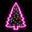 Four glowing neon-pink Christmas trees with multi-colored lights arranged in a row against a black background.