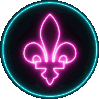 Fleur-de-lis symbol in glowing pink neon inside a circular frame with a cyan border.