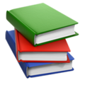 A stack of three books with a green top, red middle, and blue bottom.