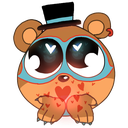 A brown bear wearing a top hat and blue mask blows a kiss with many small red hearts floating from its paws.