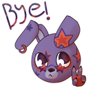 A purple cartoon bunny with star markings on its face and ears waves with one hand.