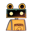 A yellow robot with a caution sign on its chest looking nervous with wide eyes.