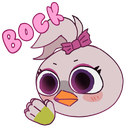 A cartoon bird with large eyes and a pink bow shouting the word BOCK in bold letters.
