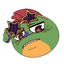 Green reptile character wearing star-shaped sunglasses and giving a skeptical side-eye expression.