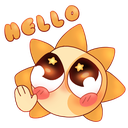 A cartoon sun character with star-filled eyes waving its hand with the word HELLO written above it.