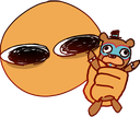 A giant orange face with wide eyes squeezing a small brown bear character with a blue mask.