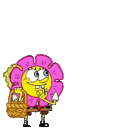 SpongeBob wearing a flower headpiece tosses red petals into the air from a wicker basket.