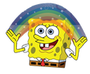 A yellow sponge character smiling with his hands raised under a colorful rainbow.