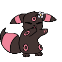 Four small brown fox-like creatures with flowers on their heads dancing in a row with different colored accents.