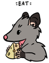 A cartoon opossum with gray fur and a pink nose happily eating a yellow wedge of cheese.