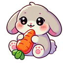 A cute white bunny with large eyes happily eating an orange carrot.