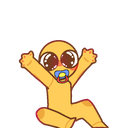 A yellow baby character with large sparkling eyes and a blue pacifier reaching up with both hands in excitement.