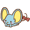 A small blue mouse with large yellow-centered ears and a pink bow wiggles happily.
