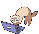 A brown ferret typing rapidly on a purple laptop with a heart sticker.