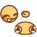 Two small yellow creatures with large eyes and blushing cheeks looking happy and affectionate.
