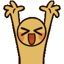 A tan stick figure character spins in a circle with arms raised and a happy, shouting expression.