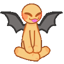 A chibi creature with orange skin and pink cheeks sitting down and flapping its gray bat wings with a cheeky expression.