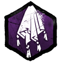 White cloth with tassels draped over a dark purple hexagonal icon.