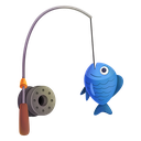 A blue fish hanging from a fishing hook on a fishing rod.