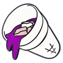A white styrofoam cup tipping over and spilling purple liquid.