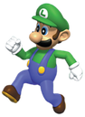 Man with a mustache wearing a green cap and blue overalls running forward.