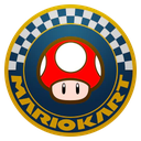 Mushroom icon centered inside a blue circle with a checkered border and gold text reading MARIO KART.