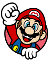 Mario with a mustache and red hat cheering with a fist raised in the air.