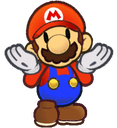 A stylized cartoon plumber with a red hat and blue overalls shrugging with both hands raised.