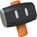 A stylized 3D hammer with a black head and wooden handle.