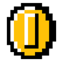A pixelated gold coin with a white highlight against a black background.