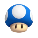 Blue mushroom with white spots and a tan stem standing against a dark background.