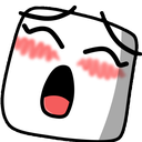A white blocky character with a wide open mouth and heavy pink blush on its cheeks.