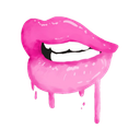 Lips in bright pink with a dripping effect and visible white teeth.