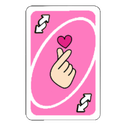A pink Uno reverse card featuring a hand making a finger heart gesture in the center.